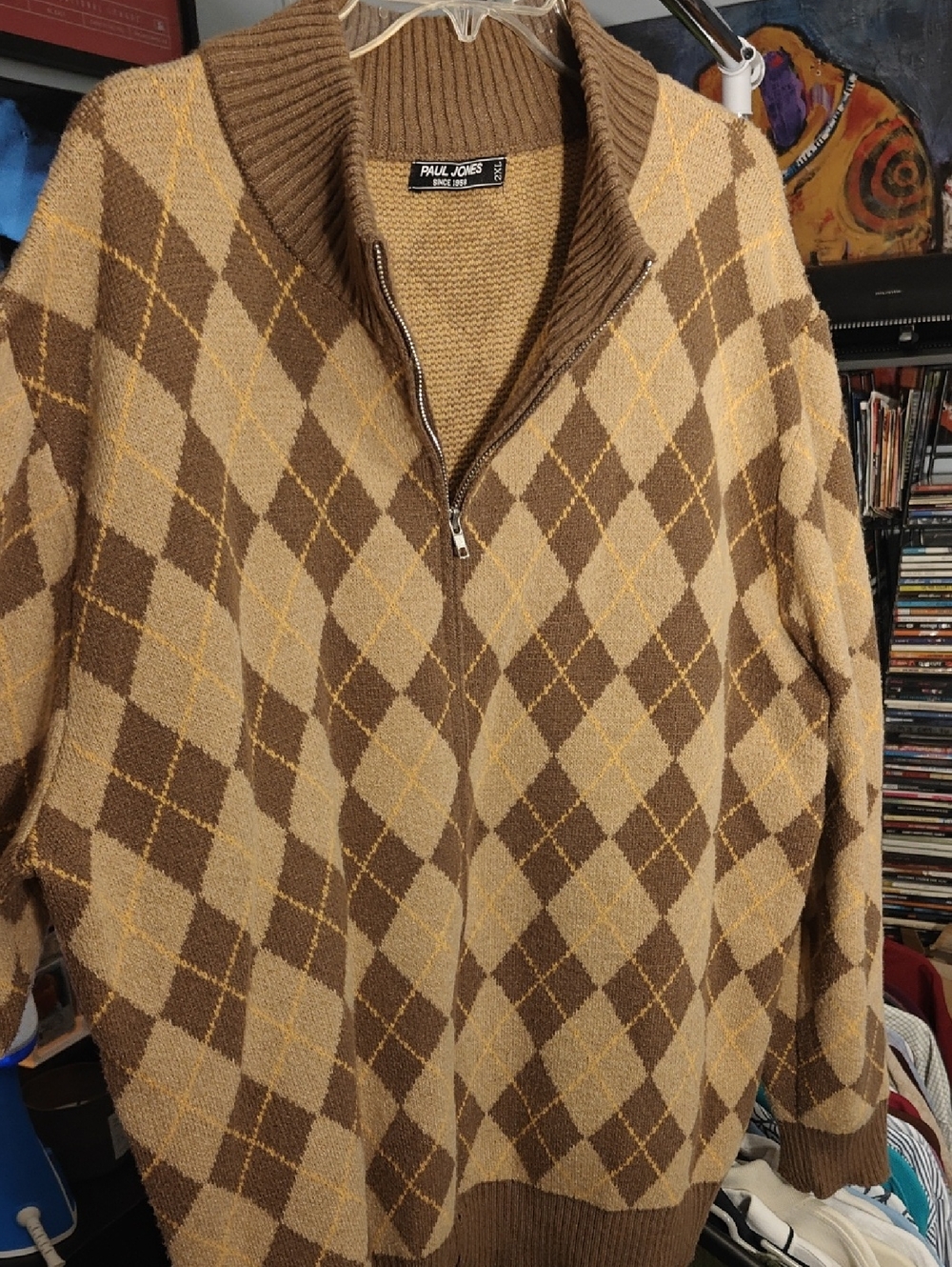 Paul Jones Men's Brown Argyle Full Zip-Neck Sweater